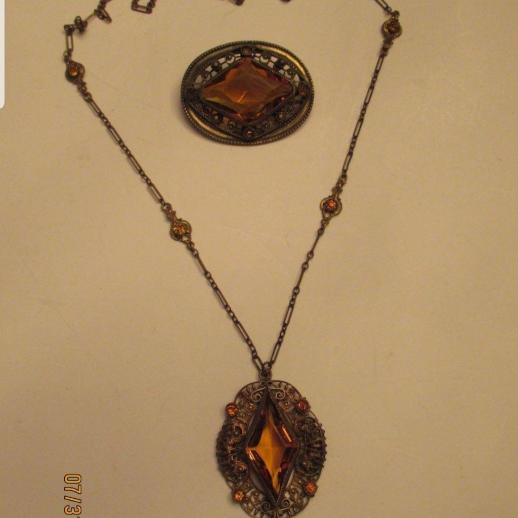 Antique Citrine Glass Brass Figaro Necklace And Brooch Pin 174$